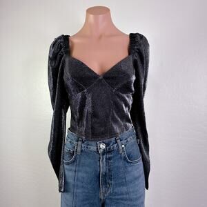 Gianni Bini Andie Metallic Sweetheart Neck Long Sleeve Top Blouse sz Black 6 NWT